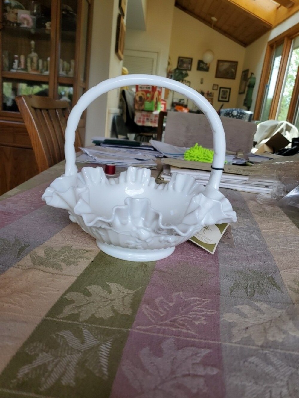 Fenton Cabbage Rose Milk Glass Basket Mint